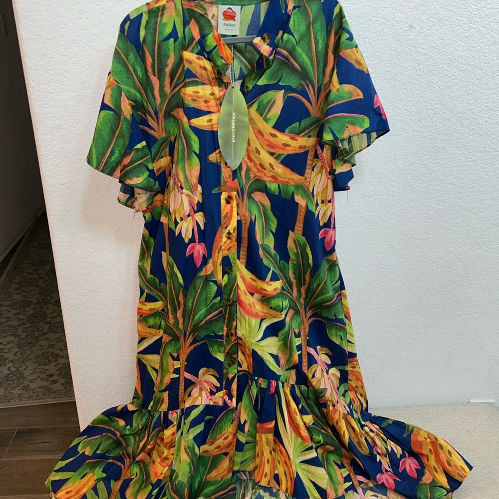 FARM Rio Green and Orange Flutter Sleeve Sundress